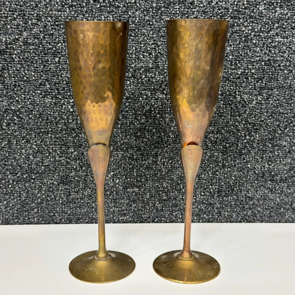 Vintage Hammered Brass Champagne Flutes Set of 2 India‎ Toasting Glasses Patina